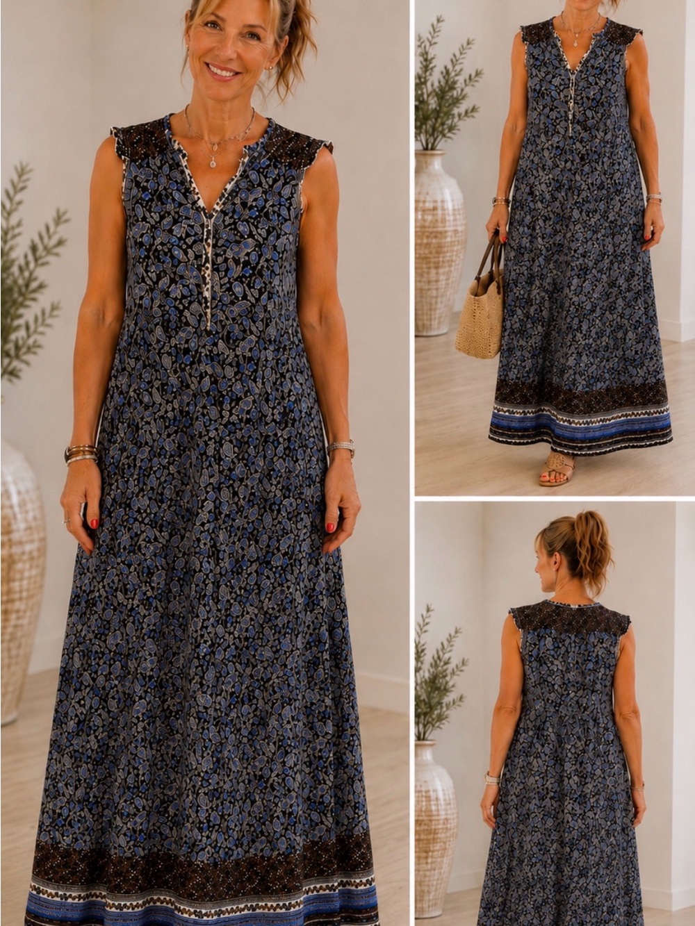 Mudo Collection Sleeveless Navy Paisley Maxi Dress with Brown Border